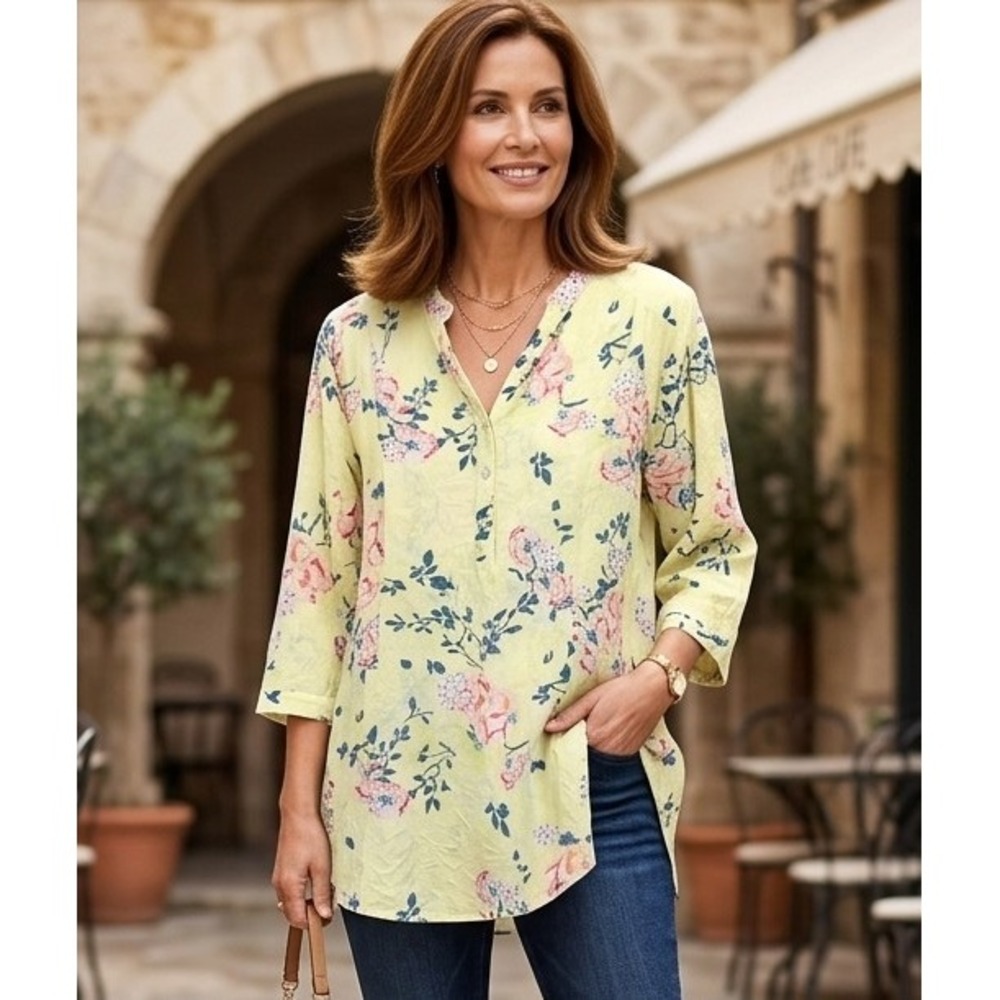 Parsley & Sage L Soft Yellow Floral Crinkle Tunic Top 3/4 Sleeve Artsy Boho
